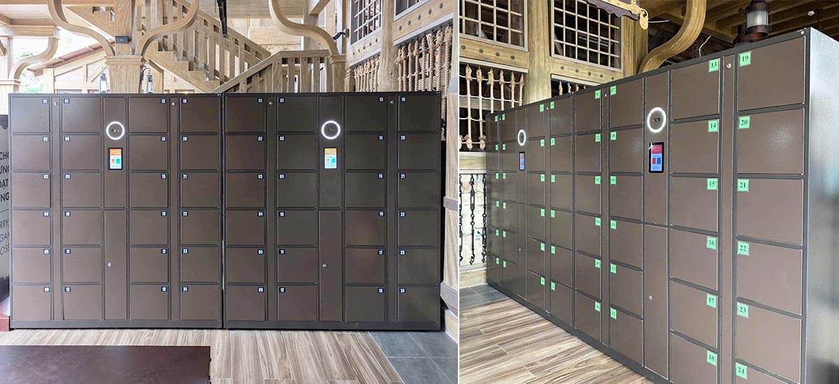Tủ eLocker nhận diện khuôn mặt đặt tại quầy Lobby – hiện đại, bảo mật, sẵn sàng phục vụ du khách.