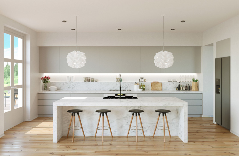 Căn bếp tối giản với tường và bàn trắng