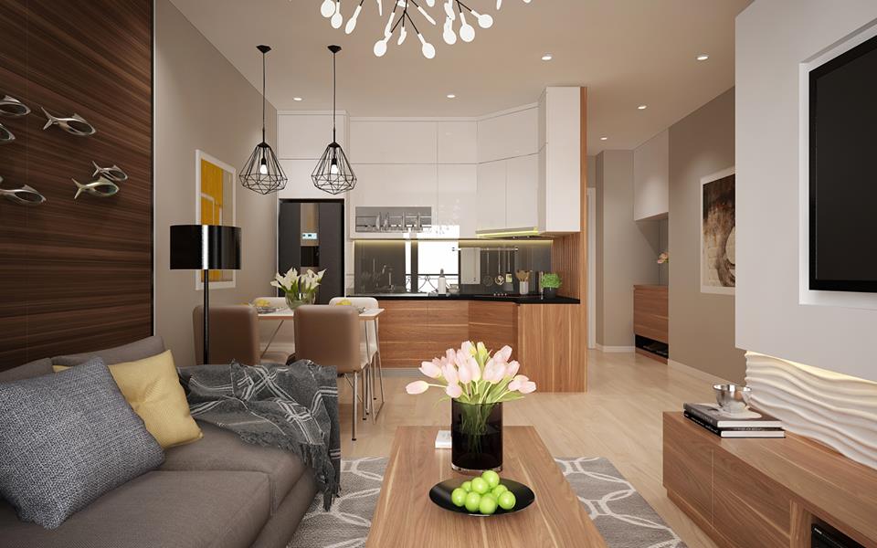 Bàn ăn được đặt giữa bếp và phòng tivi