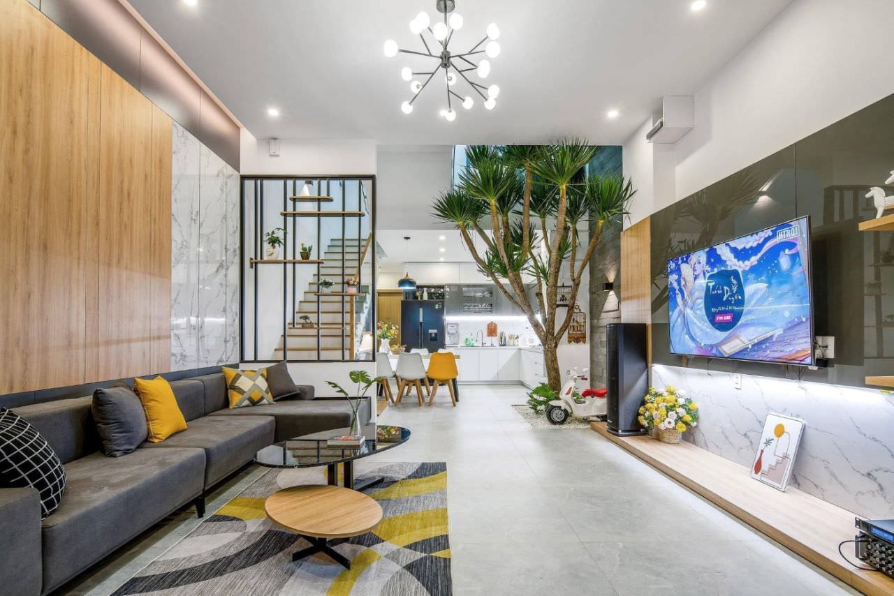 Vách ngăn cách giữa không gian bếp và khu tiếp khách