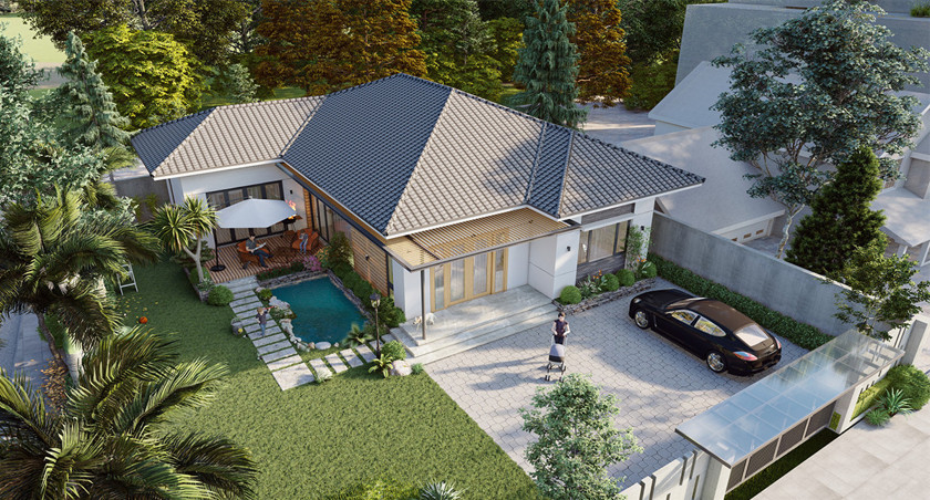 Nhà mái dốc cóa bãi đậu ô tô và hồ bơi nhỏ