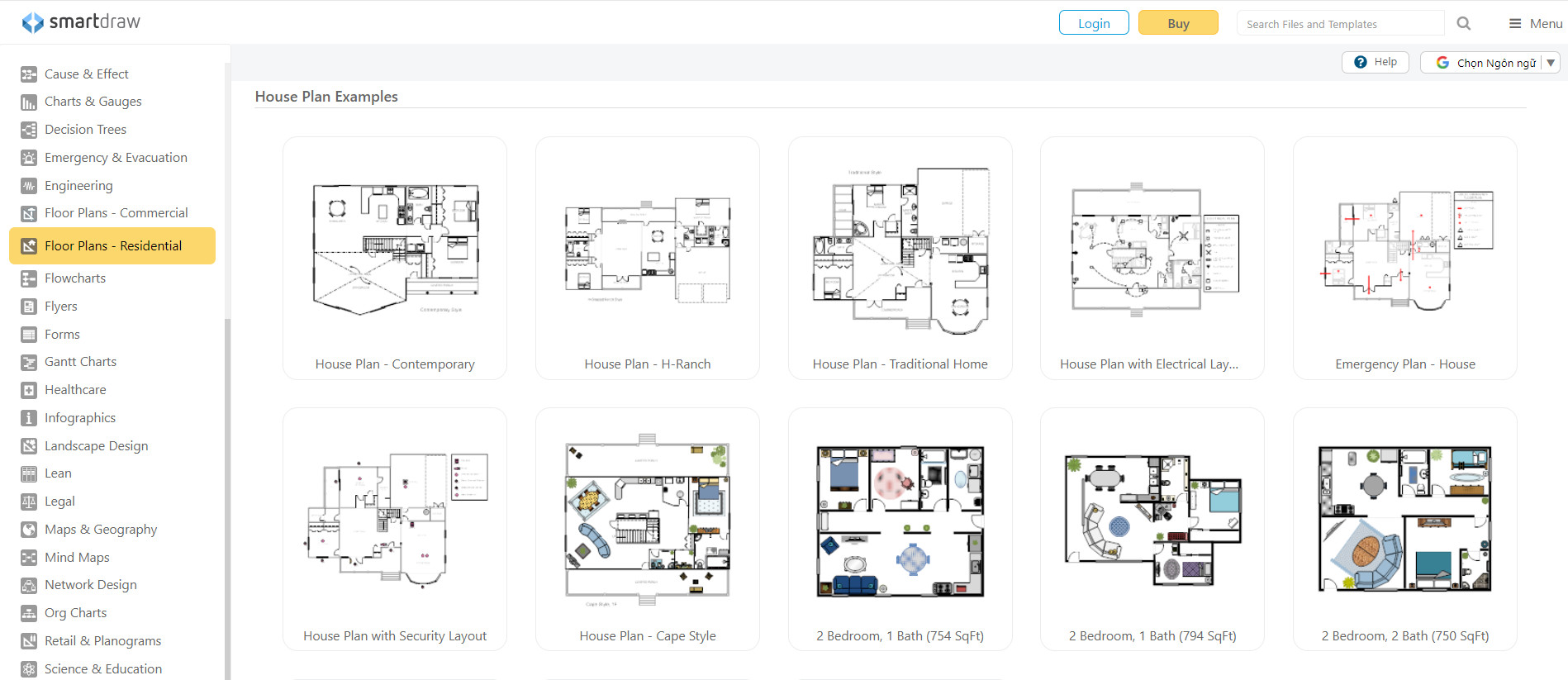 Giao diện chính của Smartdraw - Template thiết kế nội thất nhà ở