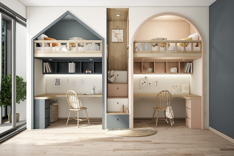 Giường tầng tích hợp bàn học và cầu thang