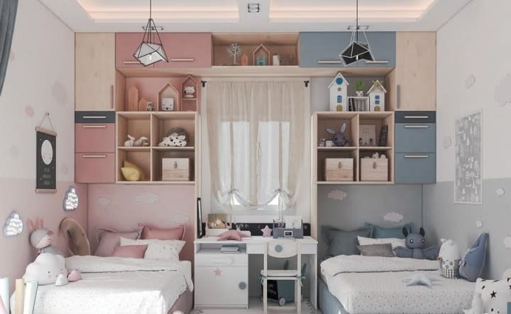 Phòng cho hai bé với tông màu pastel nhẹ nhàng và đồ nội thất phong cách hiện đại