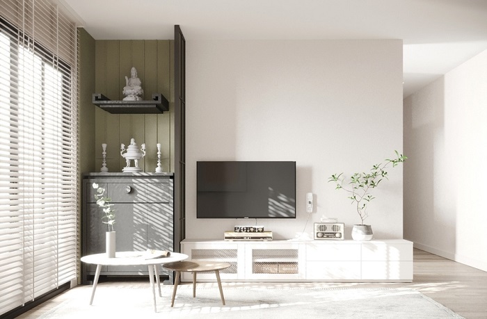 Phòng thờ liền phòng khách theo phong cách tối giản