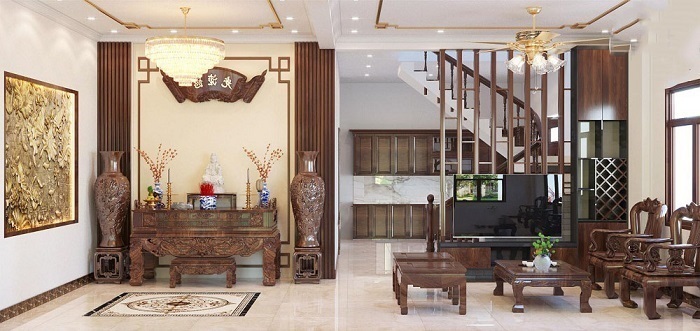 Phòng thờ liền phòng khách hiện đại
