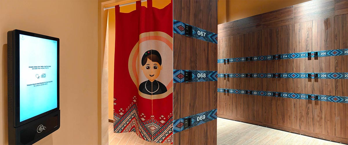 Khu thay đồ được trang bị hệ thống tủ locker hiện đại, đồng bộ về thiết kế và công nghệ.