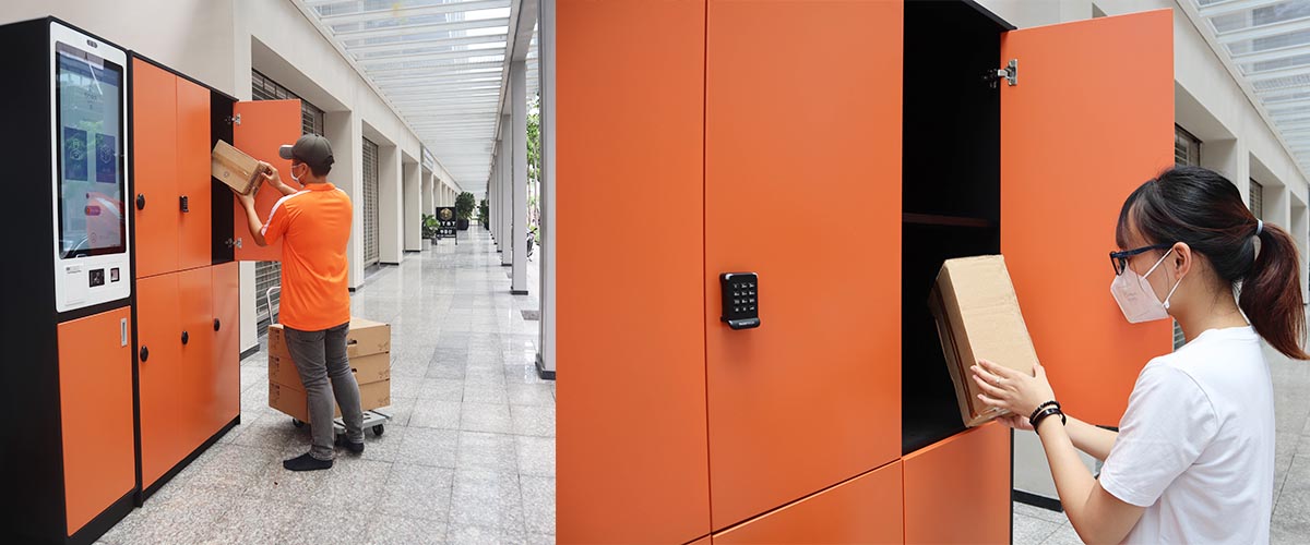 Shipper thao tác giao hàng tại tủ bưu kiện thông minh – quy trình giao nhận nhanh chóng.