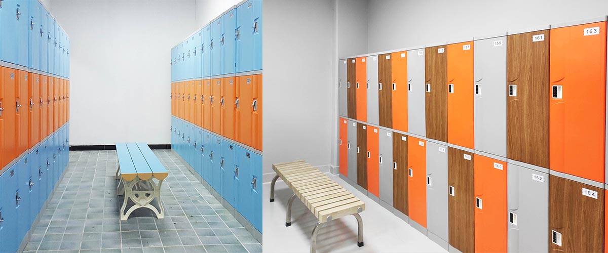 Không gian hiện đại với tủ locker nhiều màu sắc, đồng bộ theo nhận diện thương hiệu phòng tập.