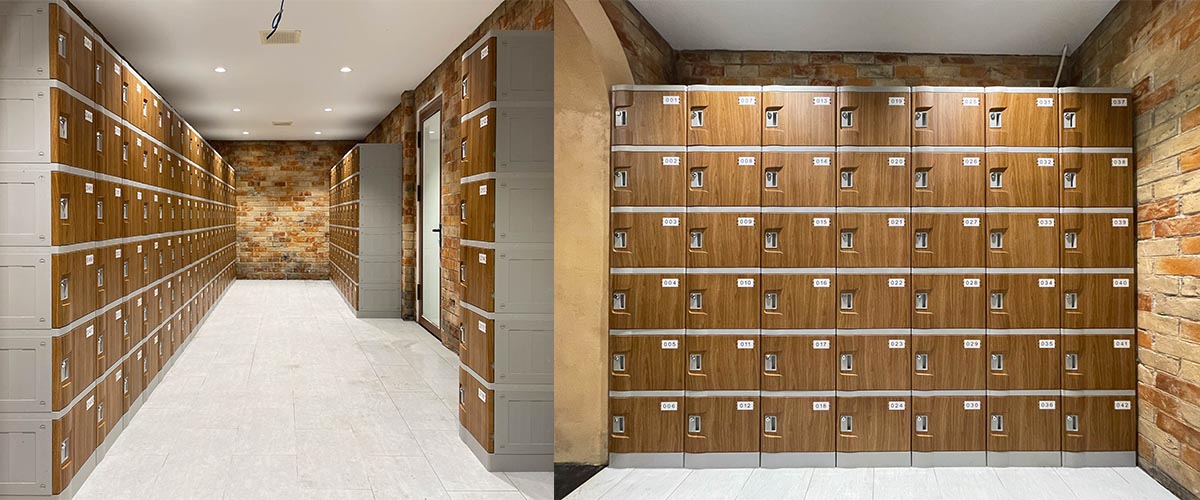 Tủ locker ABS màu gỗ sang trọng, bền bỉ, hài hòa với phong cách nội thất spa.
