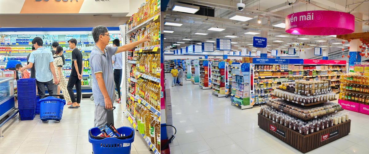 Khu vực lối đi và quầy kệ bên trong Co.opmart Tân An