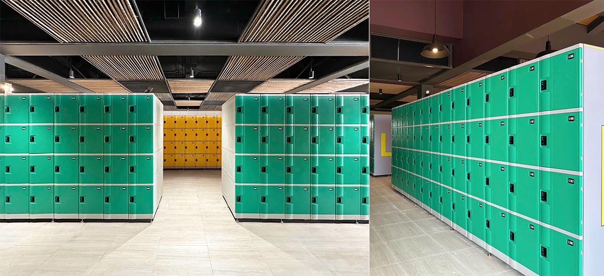 Hệ thống tủ locker được bố trí khoa học trong khu vực thay đồ.