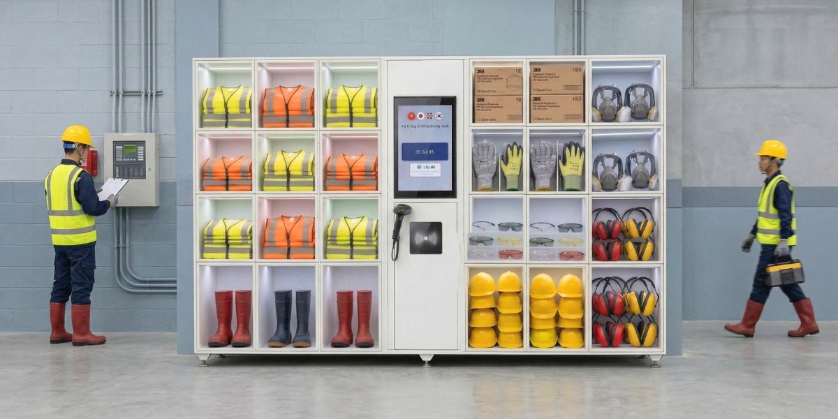 Vending machine solutions được lắp đặt trong nhà máy giúp tự động hóa lưu trữ và cấp phát vật tư.