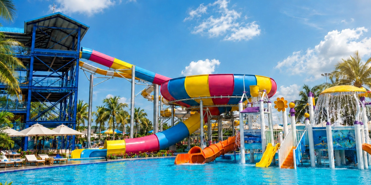 Khu vực hồ bơi và vui chơi tại TTC Trảng Bàng Aqua Park.