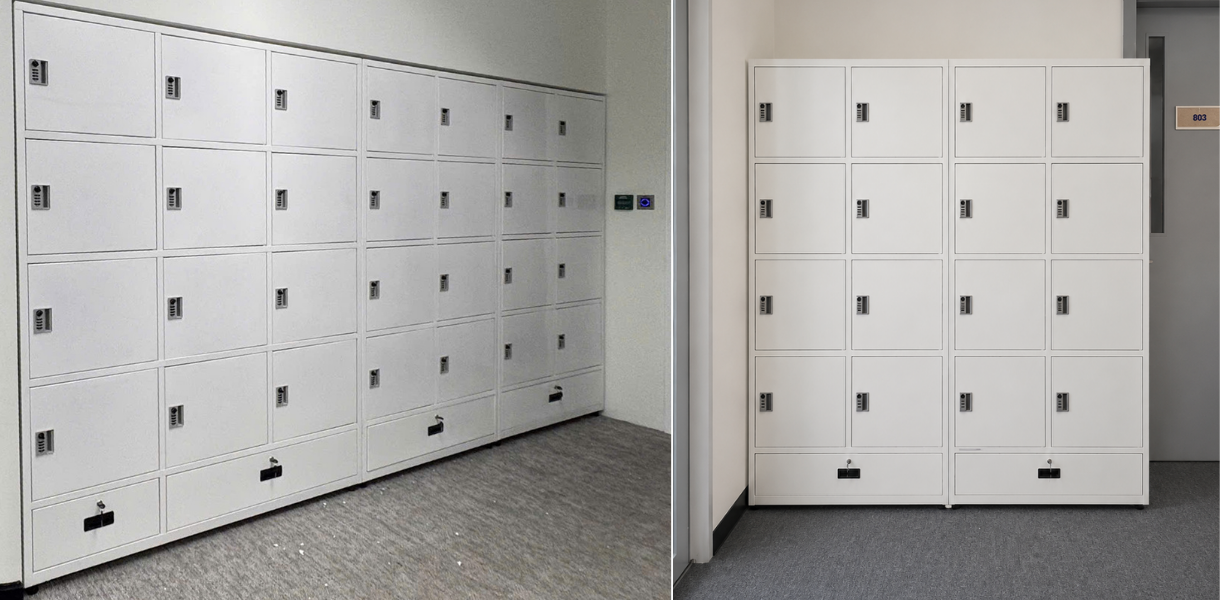 Hệ tủ locker sắt tại Ngân hàng UOB được thiết kế kết hợp ngăn kéo giúp tối ưu không gian lưu trữ.